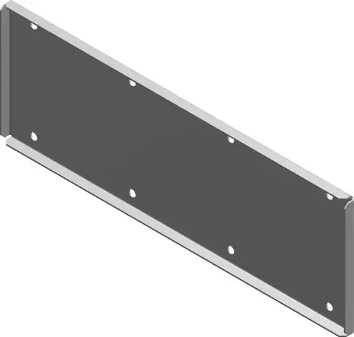Bosch Kondenswasserwanne, rechteckige Metallplatte mit mehreren Bohrungen zur Befestigung, graue Fläche mit silbernen Rändern.